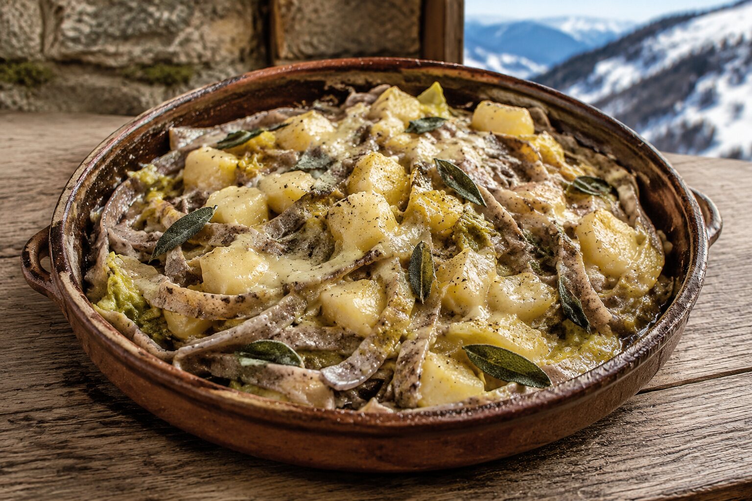 Pizzoccheri con papas, col, queso y mantequilla