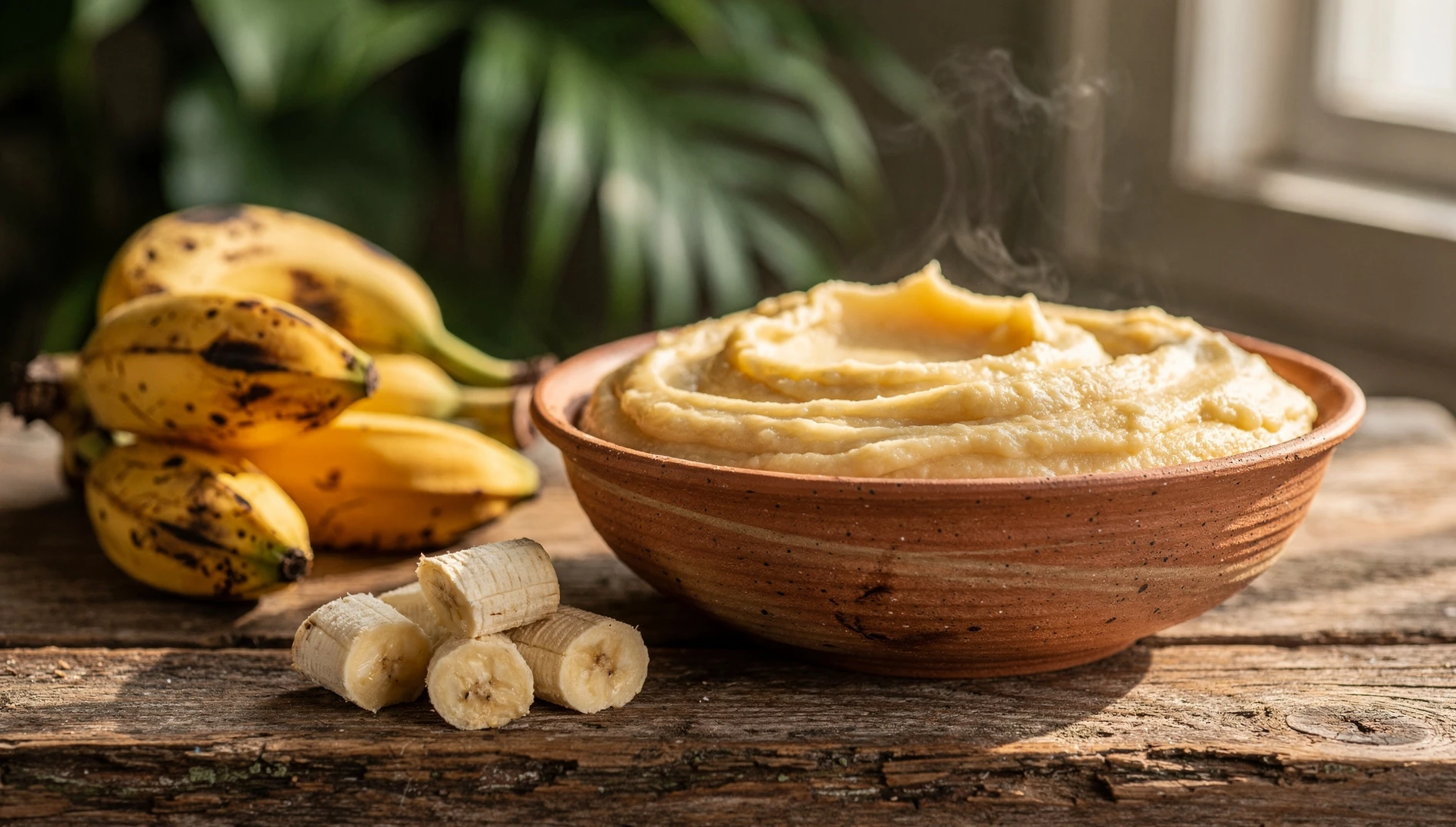 Bol de plátano api sanmartinense recién preparado, con textura cremosa y plátanos maduros al fondo