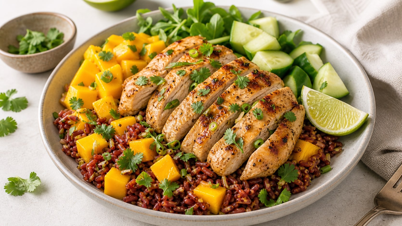 Plato de pollo a la plancha con arroz rojo y mango listo para disfrutar