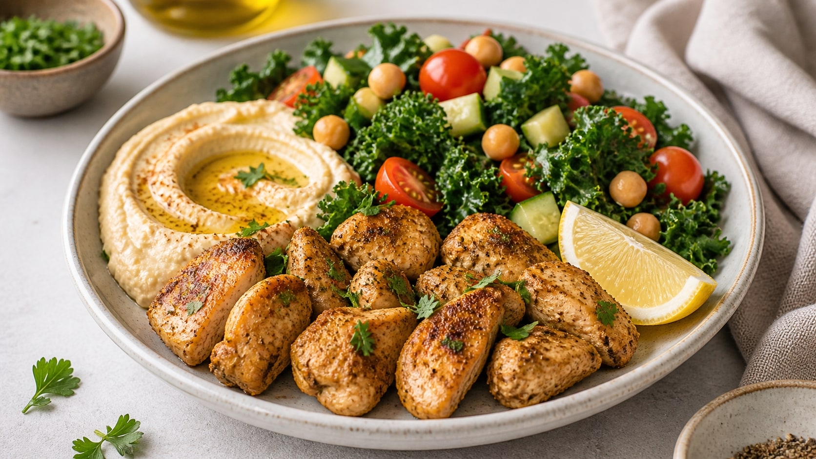 Plato de pollo al comino con ensalada de kale y hummus listo para disfrutar