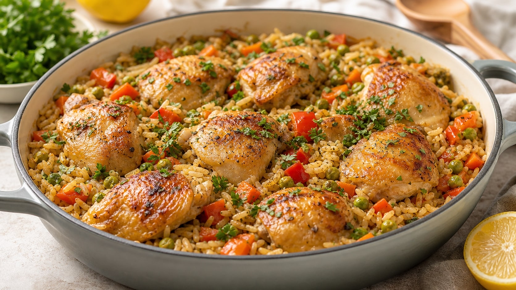 Plato de pollo con arroz en una sola olla listo para disfrutar