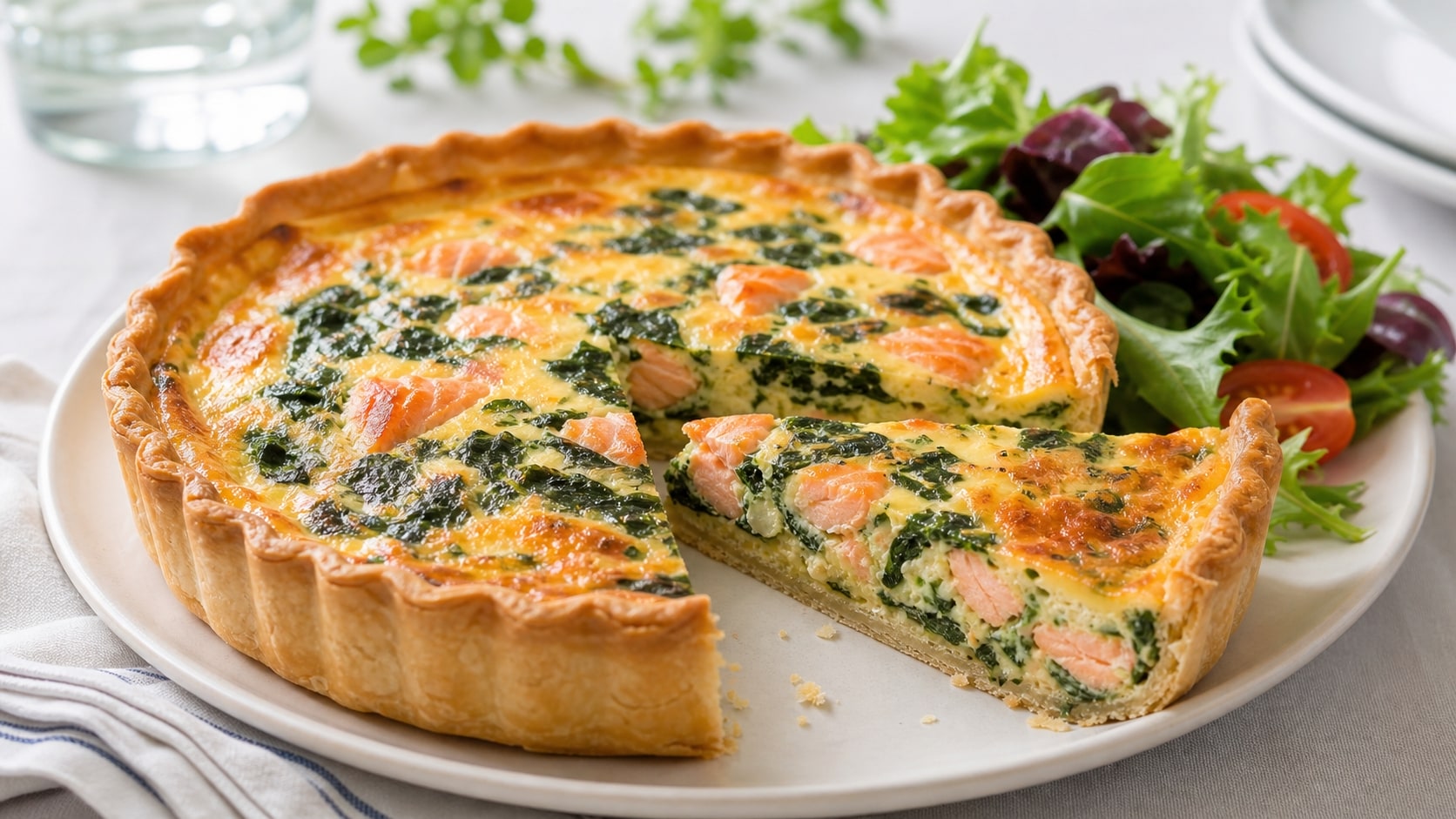 Plato de quiche ligera de salmón y espinaca listo para disfrutar