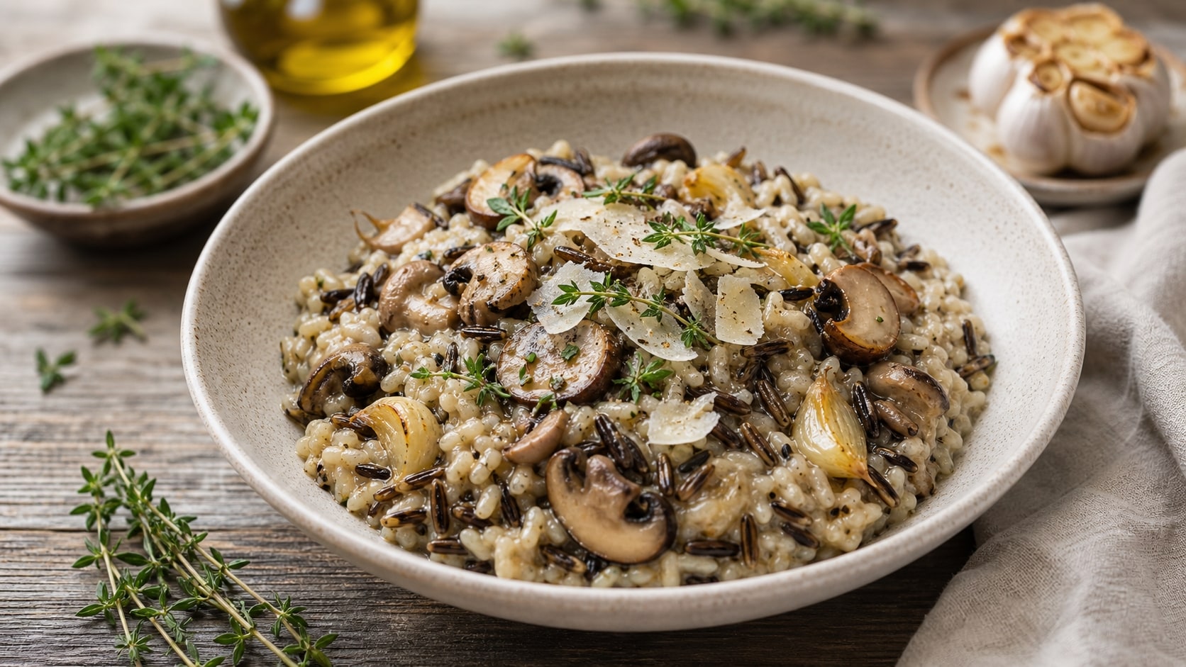 Plato de risotto de arroz salvaje y setas con ajo asado listo para disfrutar