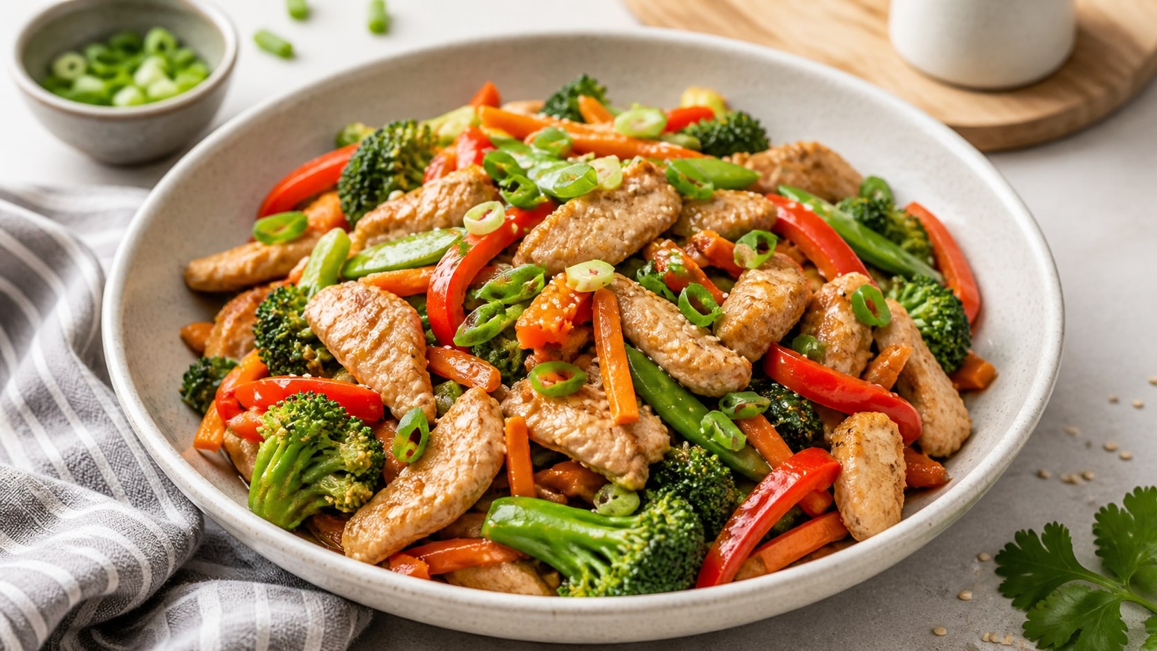 Plato de salteado saludable de pavo y verduras listo para disfrutar