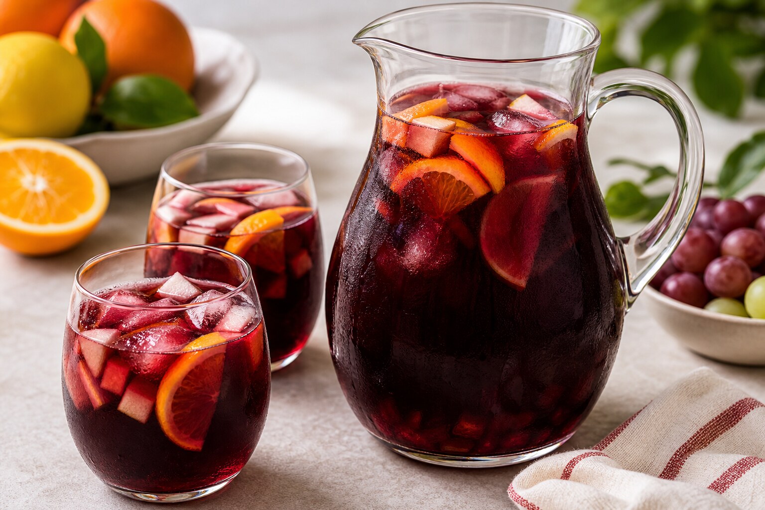 Sangría de vino tinto con frutas, cítricos y hielo