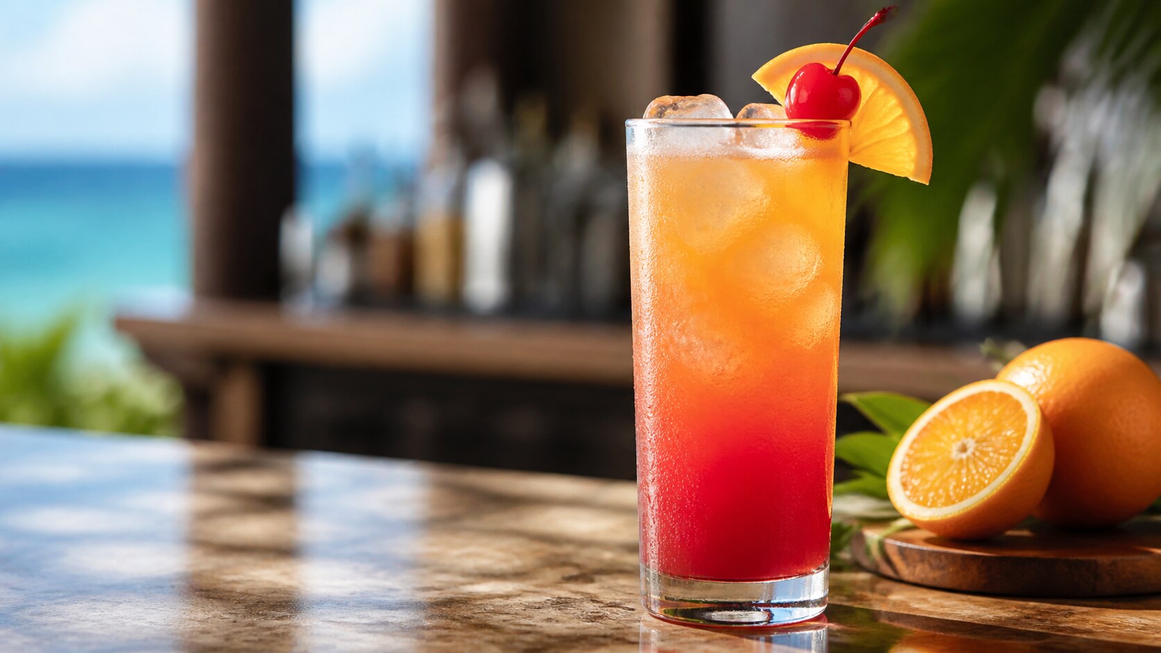 Sex on the Beach naranja y rojo con fruta y hielo