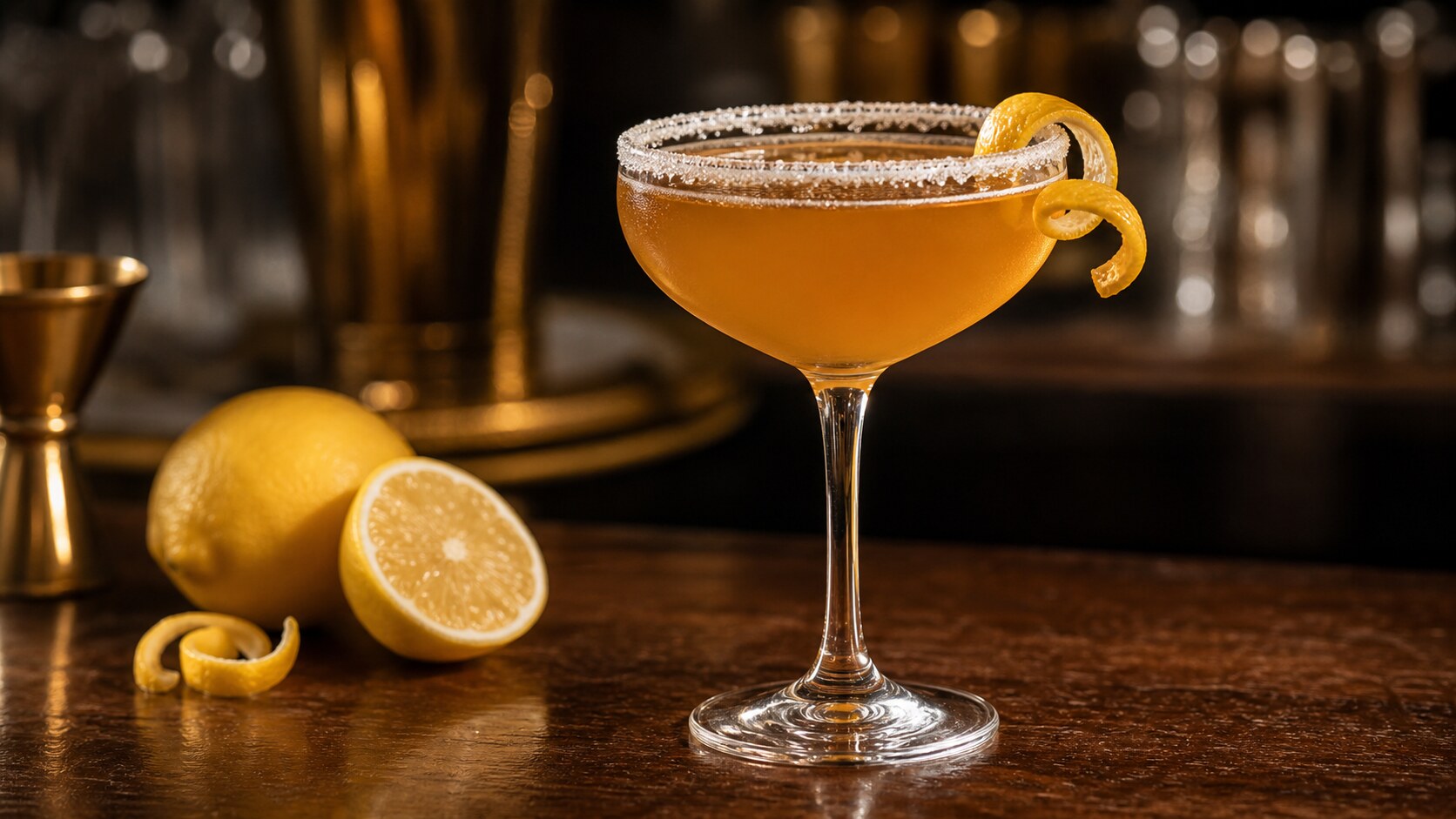 Cóctel Sidecar dorado con coñac y piel de limón