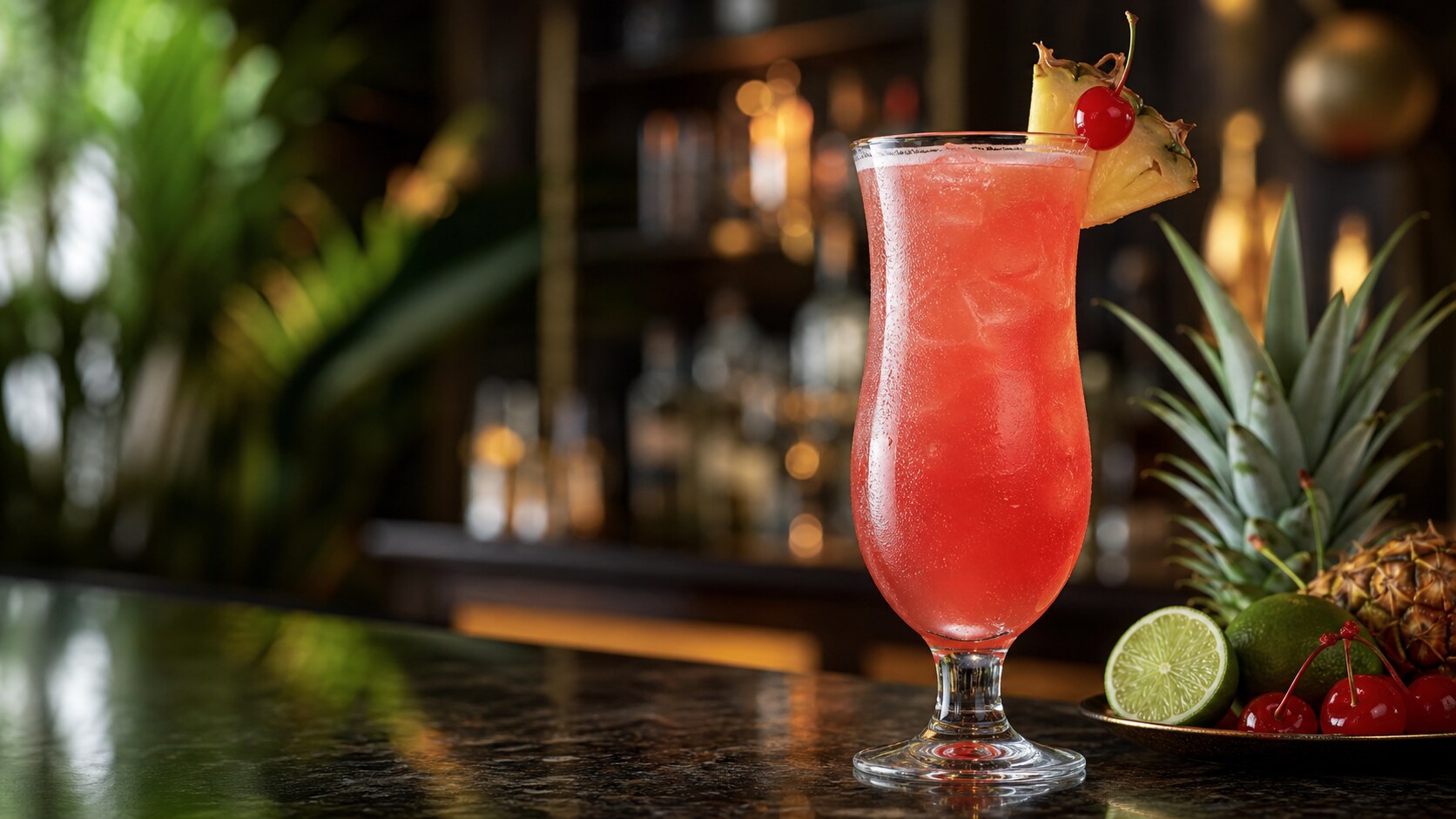 Singapore Sling rosado con piña, cereza y cítricos