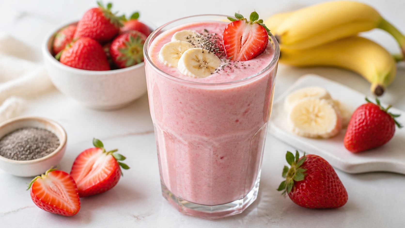 Vaso de smoothie de fresa y banana recién preparado
