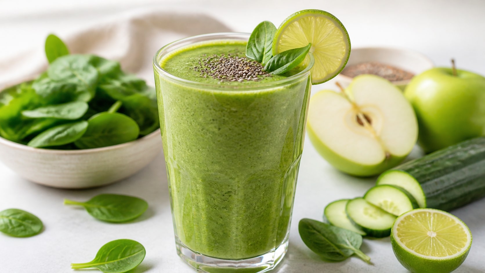 Vaso de smoothie verde para un desayuno ligero recién preparado