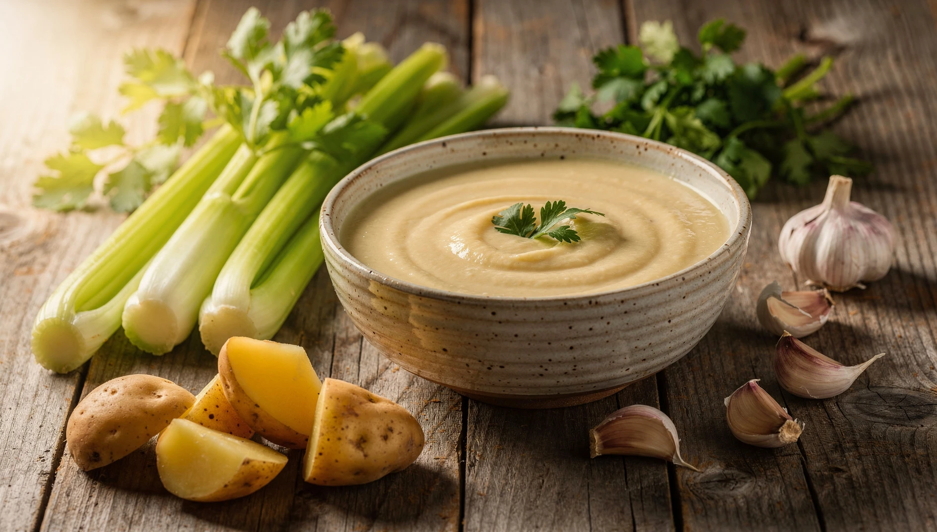 Sopa de apio loretana cremosa servida en un tazón rústico con cilantro fresco encima