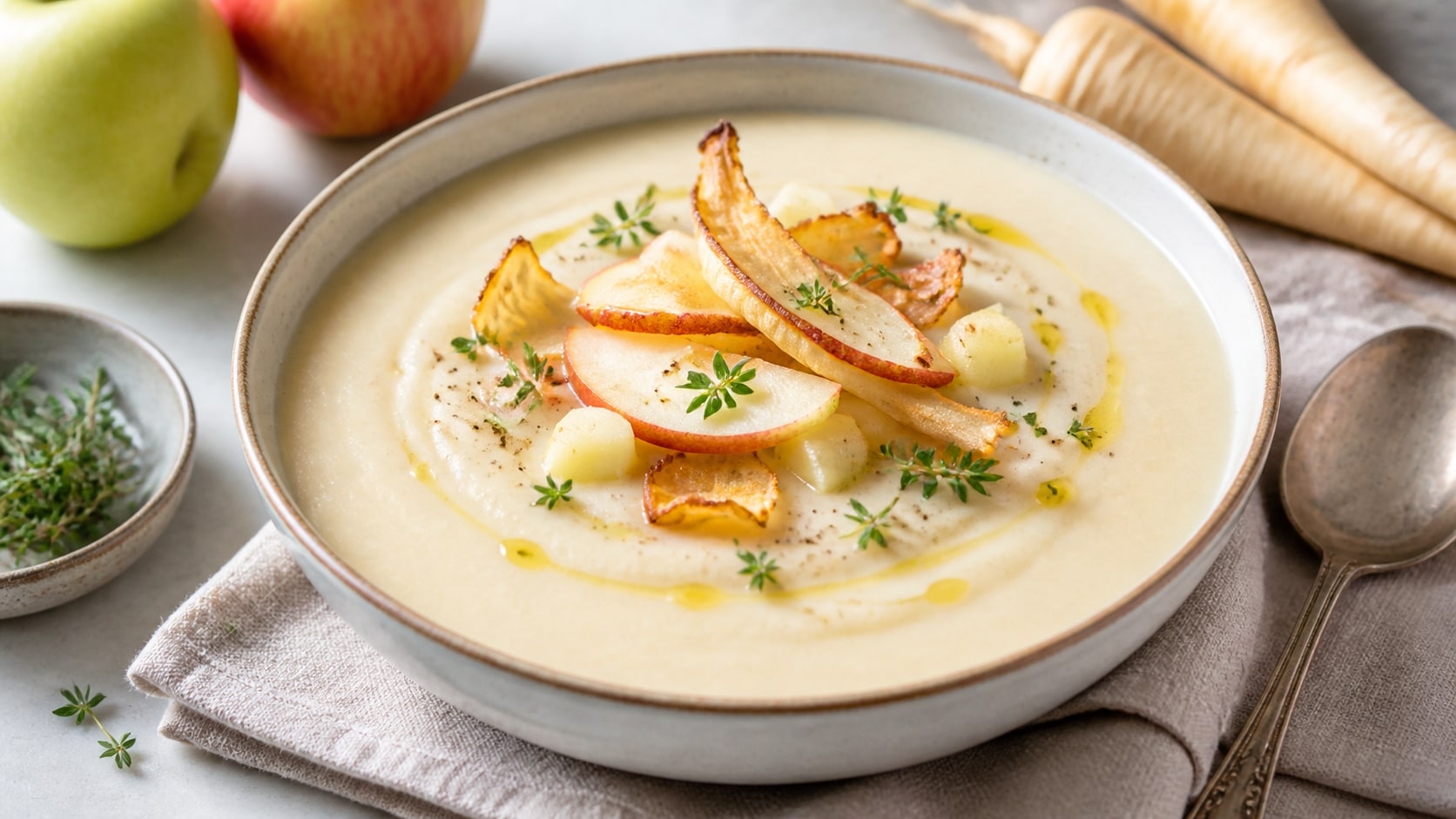 Tazón de sopa de chirivía y manzana listo para servir