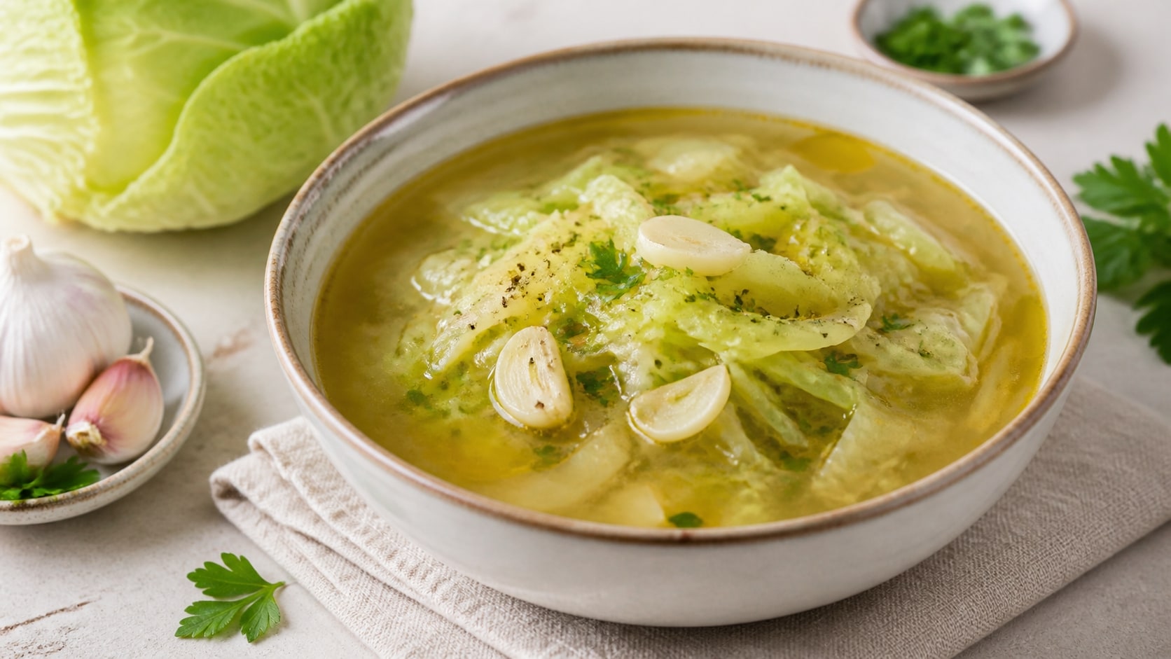 Tazón de sopa de col con ajo listo para servir