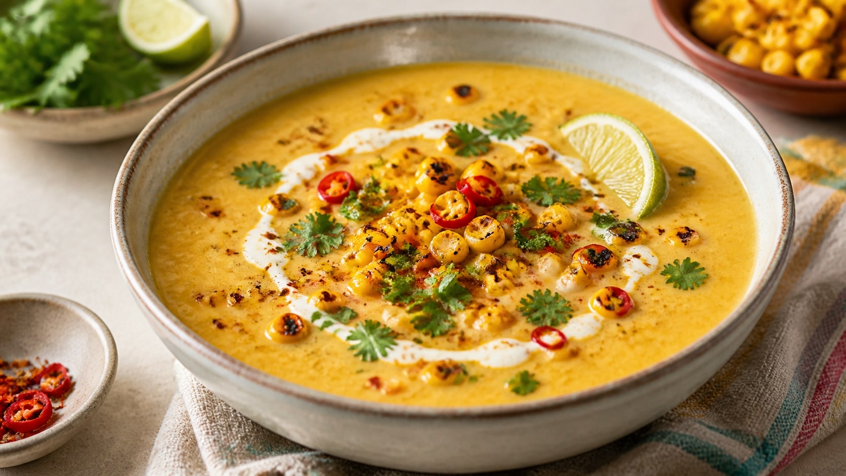 Tazón de sopa de maíz asado y chile listo para servir