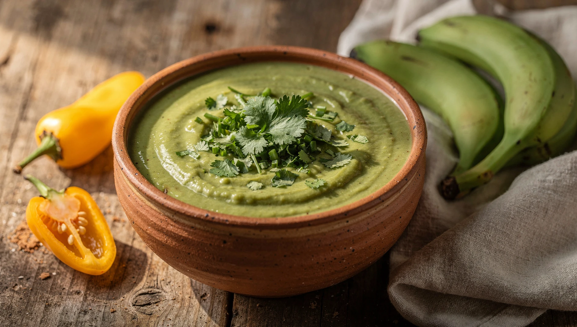 Sopa de plátano verde amazónica servida en un bol de barro con cilantro fresco y ají amarillo al lado