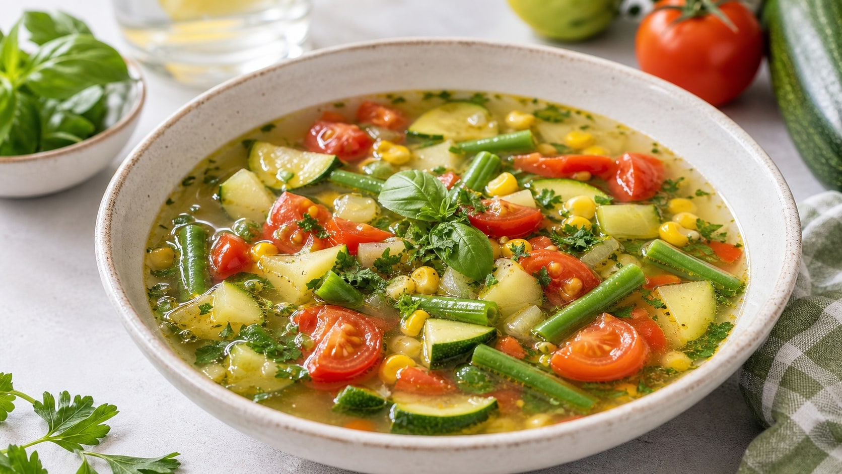 Tazón de sopa de verduras de verano listo para servir