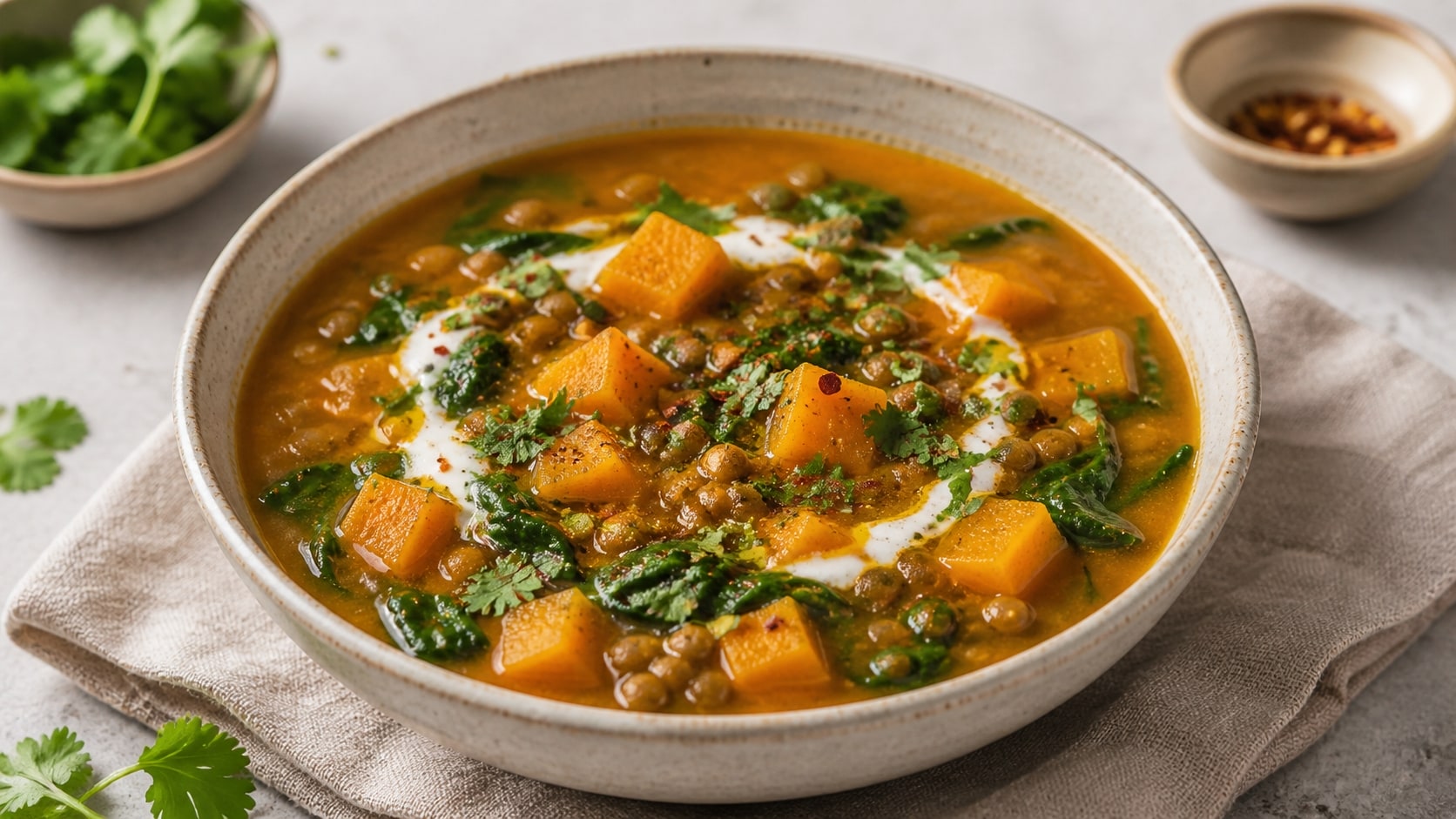 Tazón de sopa especiada de calabaza, espinaca y lentejas listo para servir