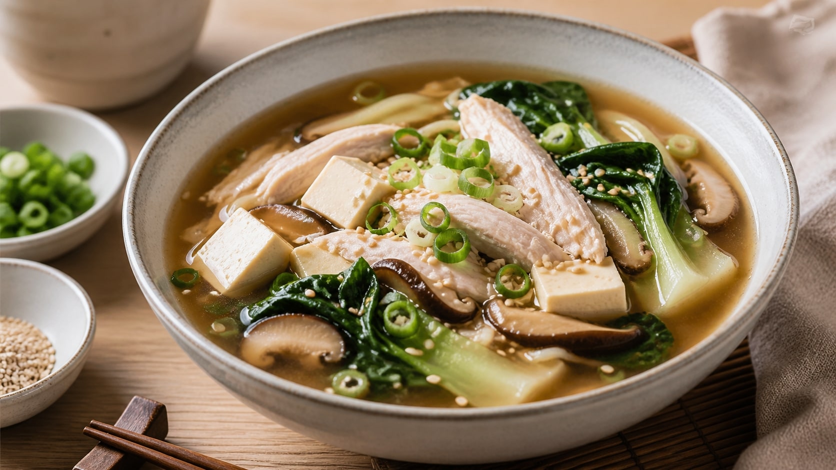 Tazón de sopa miso de pollo saludable listo para servir