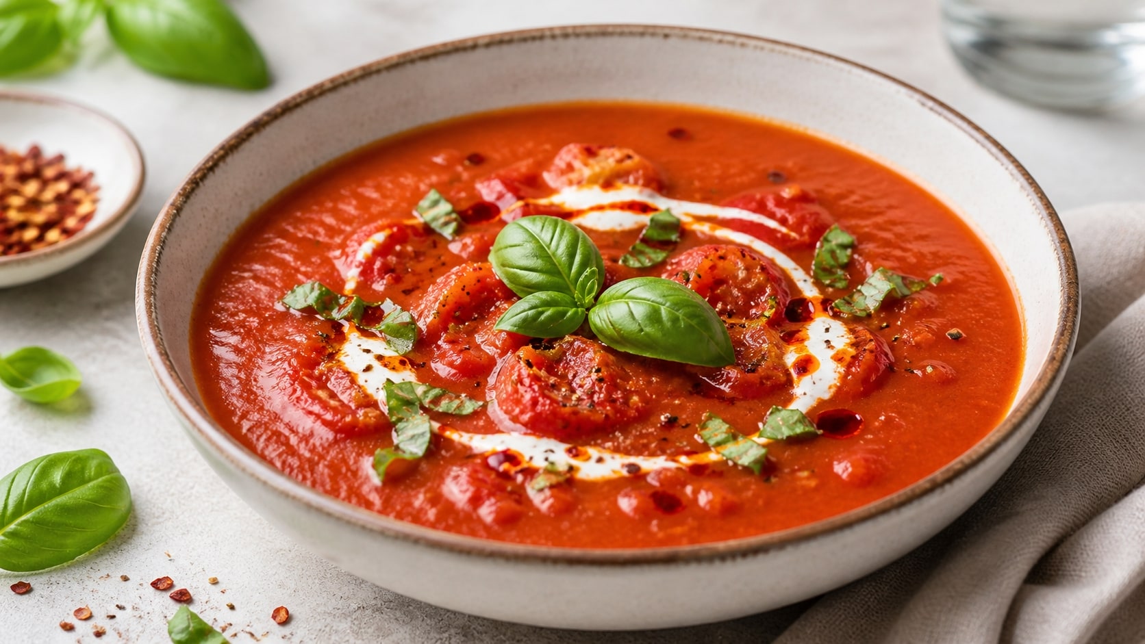 Tazón de sopa picante de tomate listo para servir