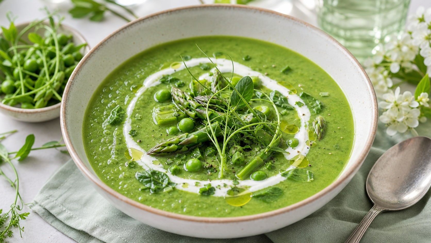 Tazón de sopa verde de primavera listo para servir