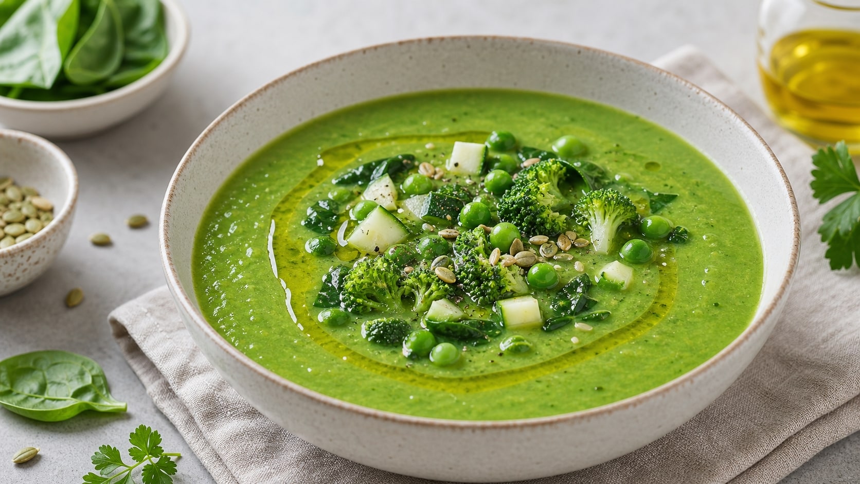 Tazón de sopa verde de verduras listo para servir