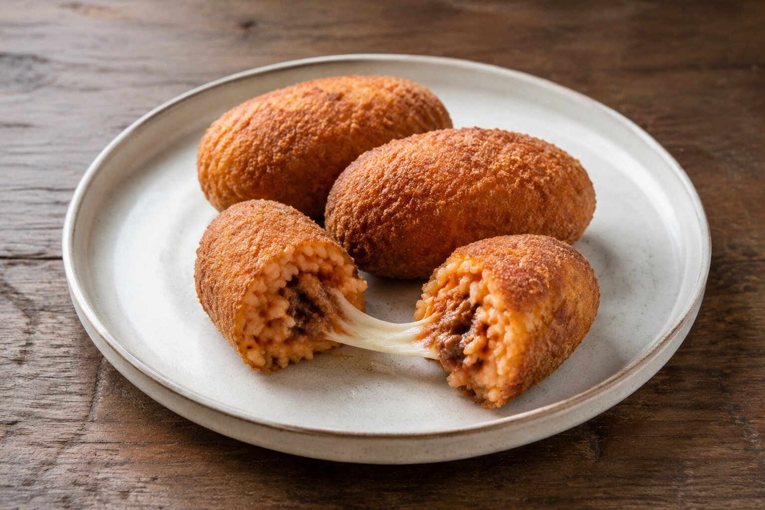 Supplì romano abierto con mozzarella fundida