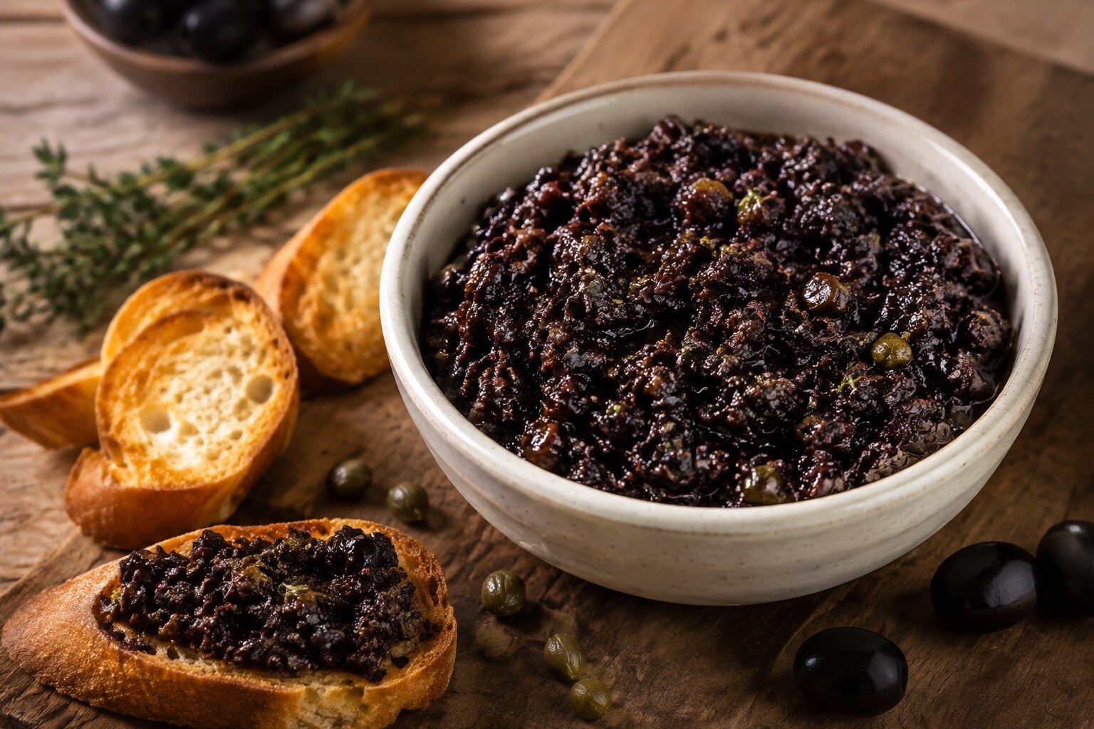 Tapenade provenzal de aceitunas negras servida con pan tostado