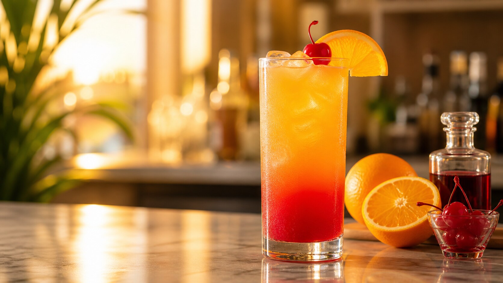 Tequila Sunrise con capas de naranja y granadina