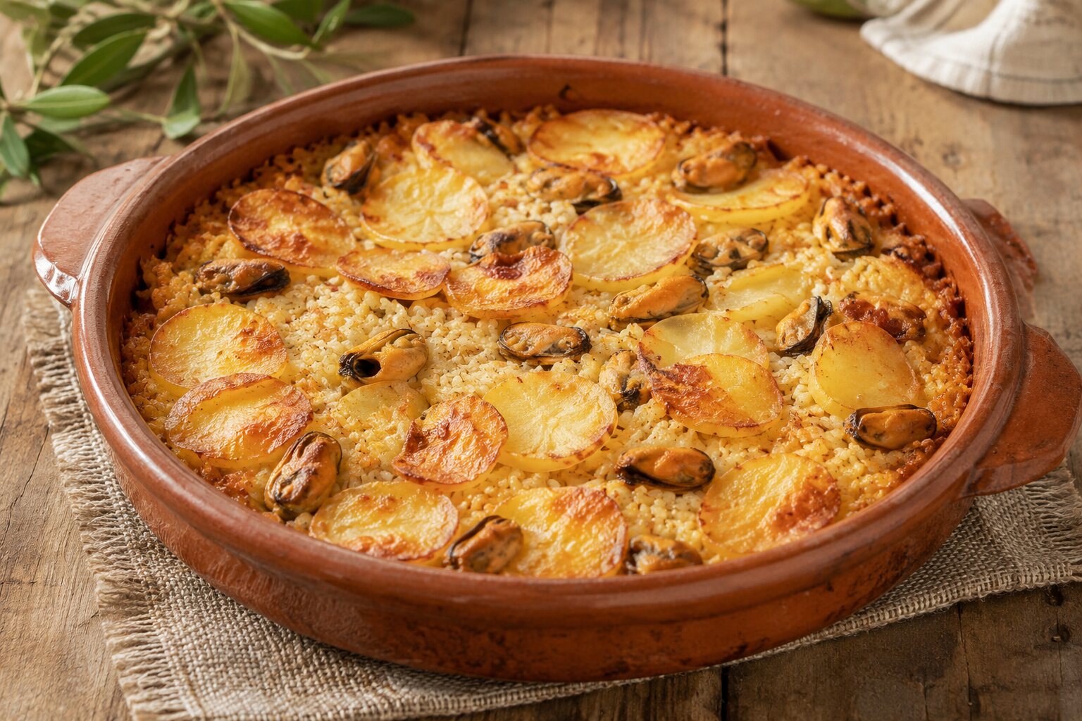 Tiella barese con arroz, papas y mejillones al horno