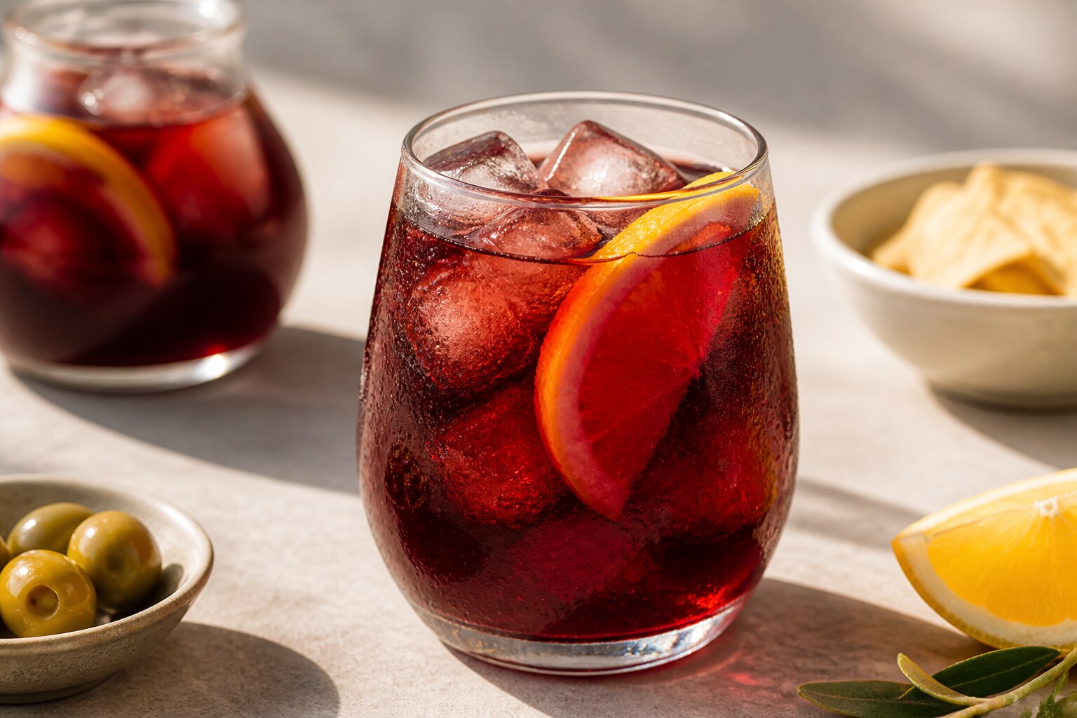 Tinto de verano con vino tinto, gaseosa, hielo y limón