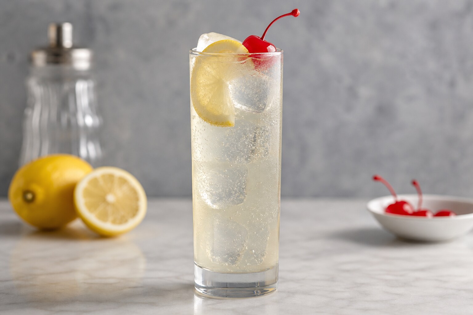 Tom Collins con ginebra, limón, soda y cereza