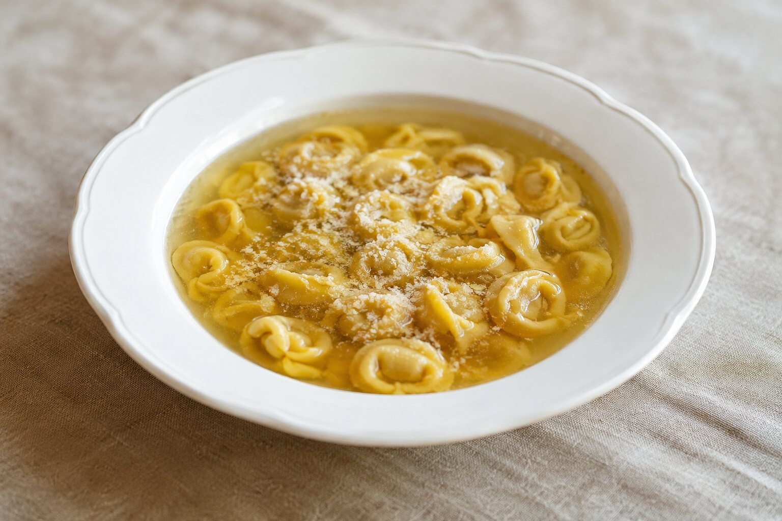 Tortellini de Bolonia servidos en caldo dorado