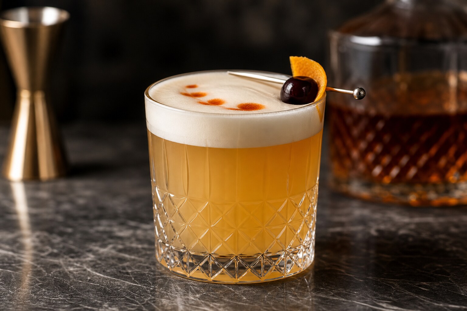 Whiskey Sour con espuma, amargos y piel de limón