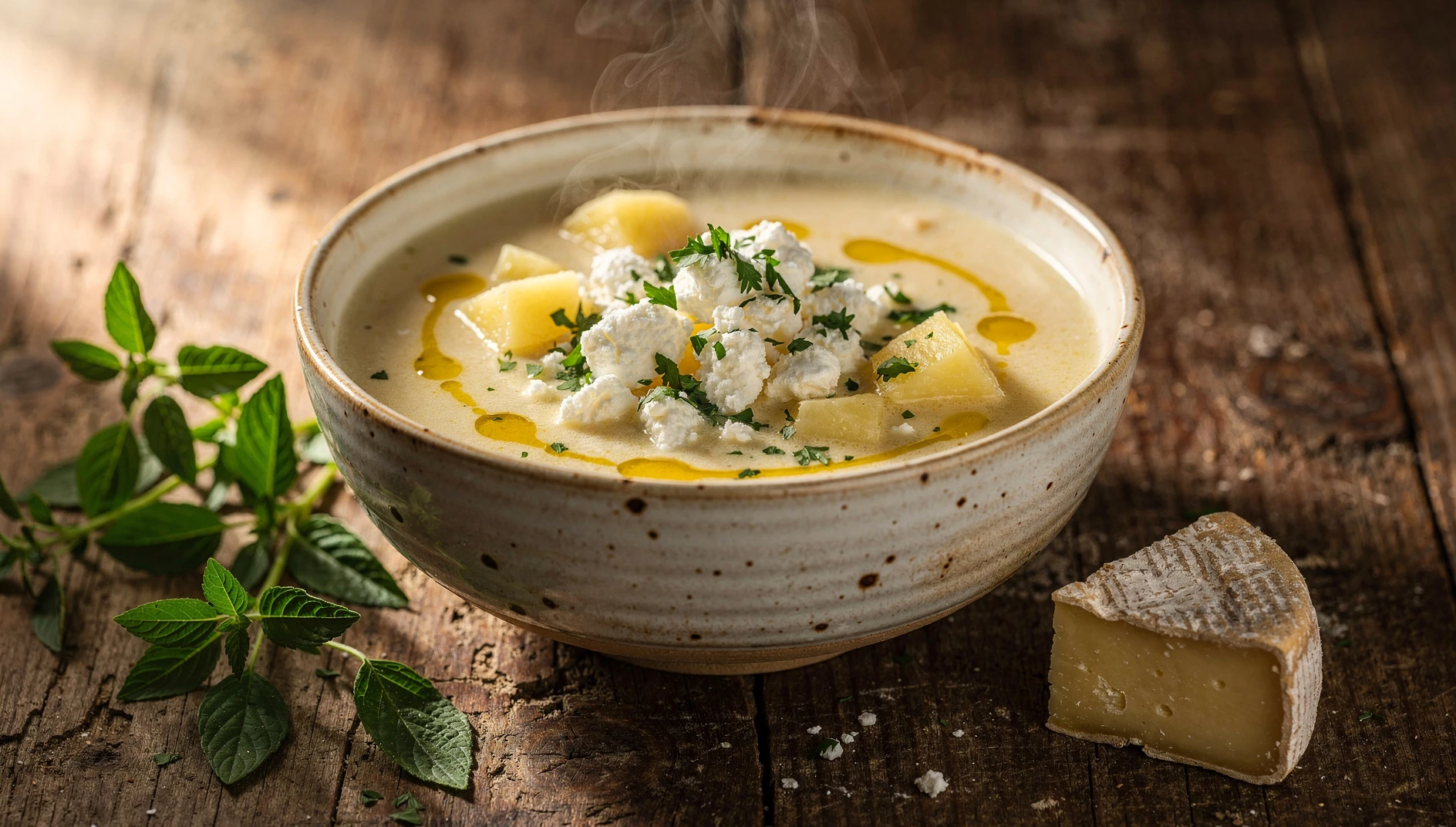 Tazón de yacuchupe huancaíno con papa, queso fresco y hierbas andinas servido caliente