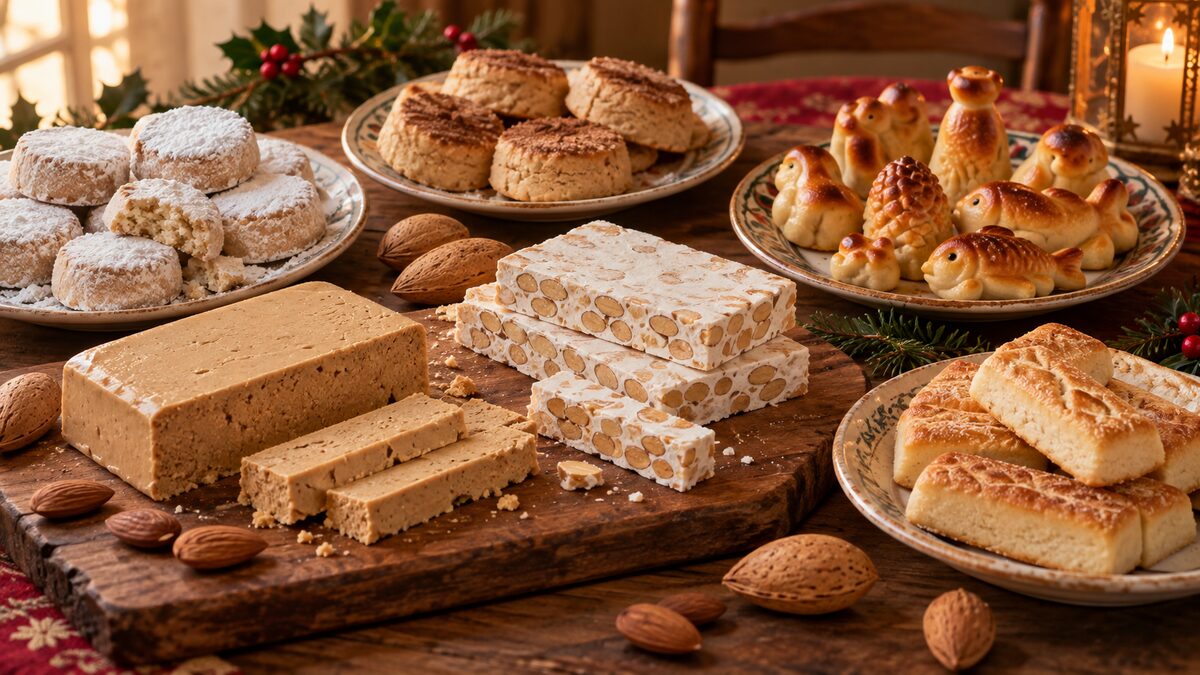 Dulces navideños españoles con turrón, polvorones, mantecados y mazapán