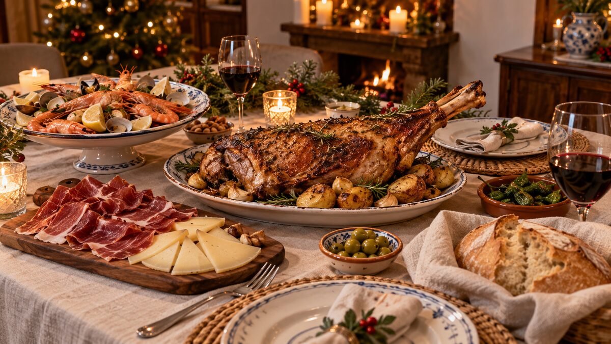 Menú de Nochebuena español con cordero asado, marisco, jamón y queso