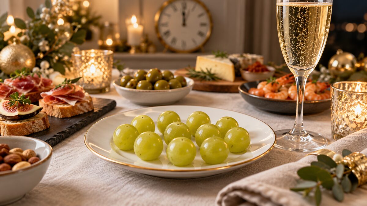 Nochevieja española con doce uvas, tapas y copa de espumoso