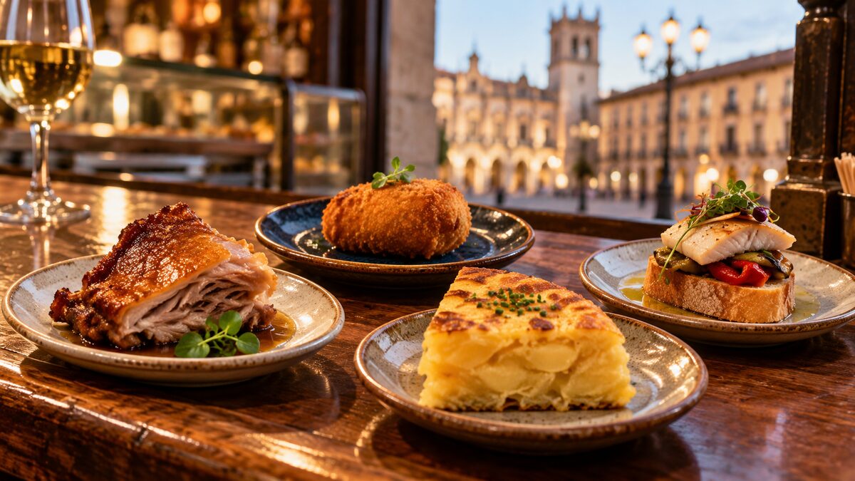 Tapas de Valladolid con lechazo, croqueta, tortilla y pincho de pescado